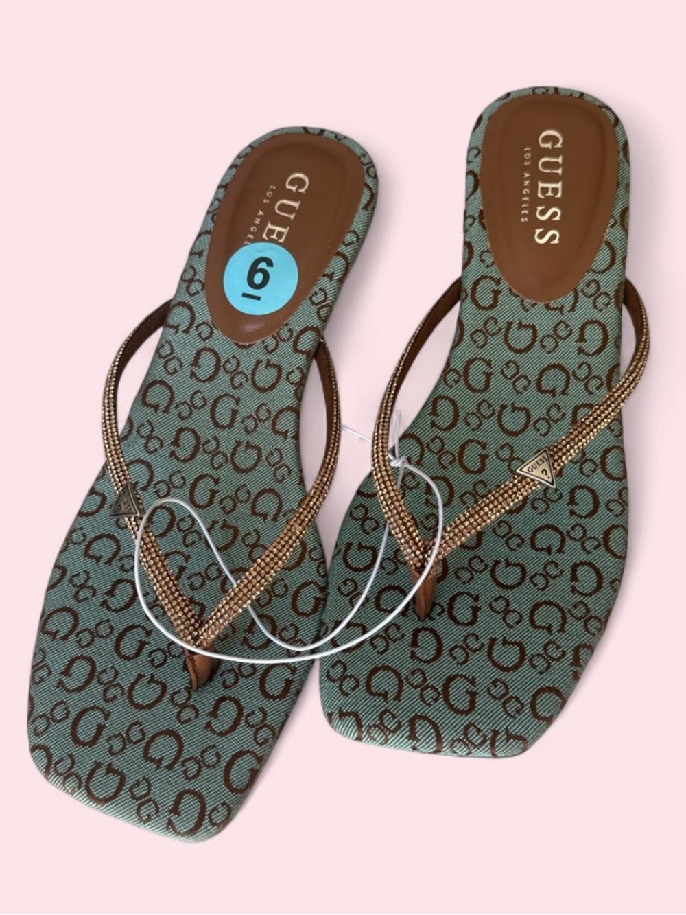 Guess Teal Logo-Print Rhinestone Thong Heel Sandals - Picture 2 of 2